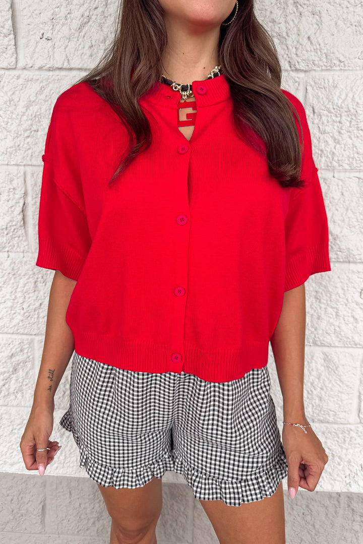 solid red ribbed crew neckline button front semi-cropped knit cardigan top