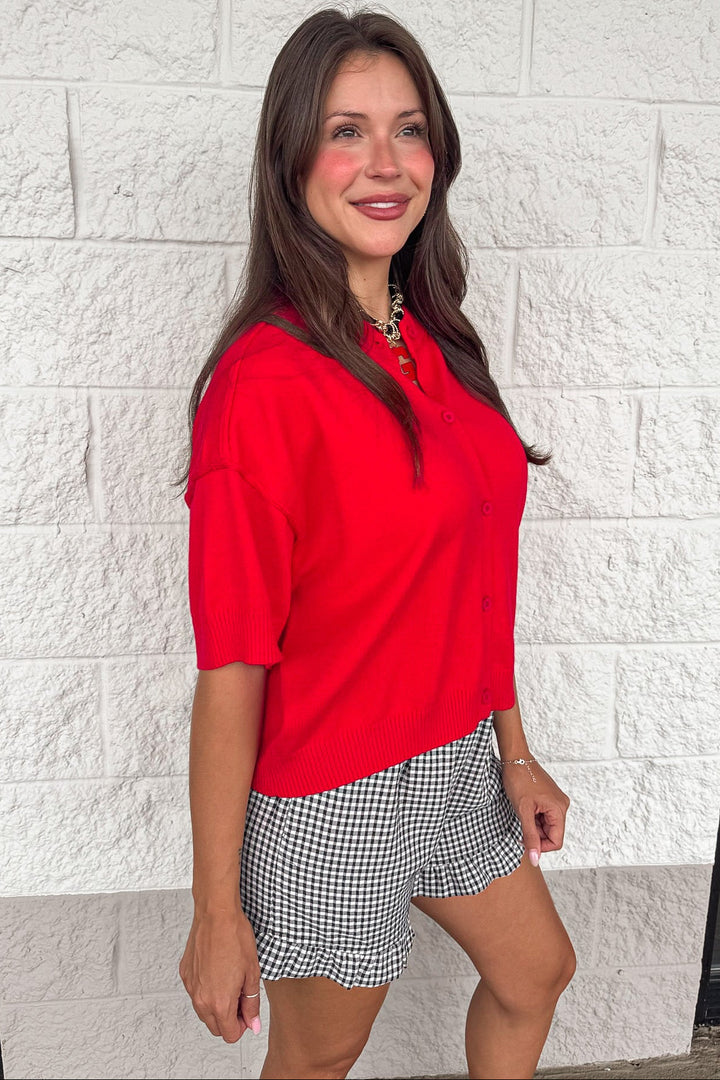 solid red crew neckline half sleeve button front semi-cropped knit cardigan top