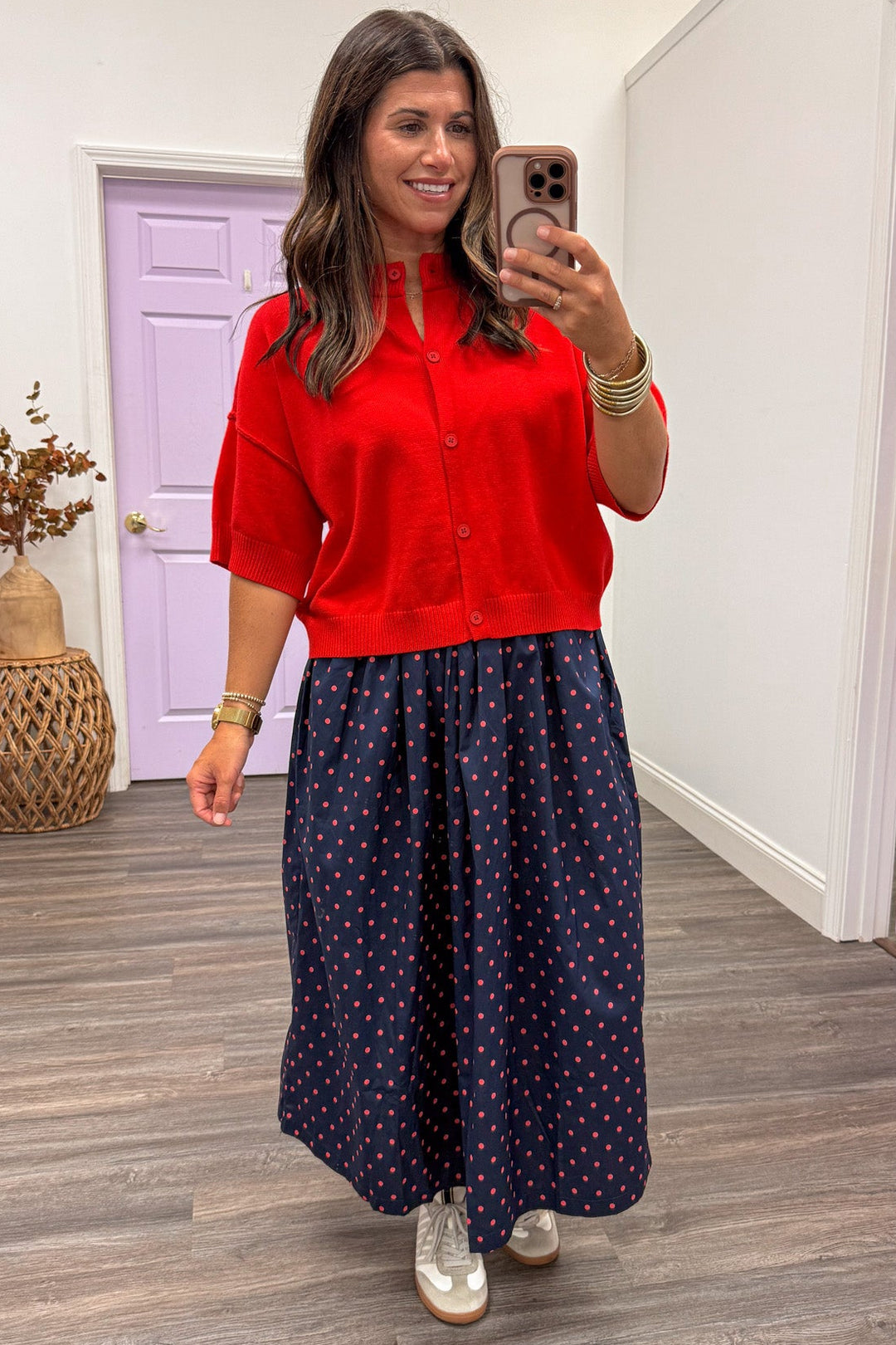 solid red drop shoulder short sleeve button front semi-cropped knit cardigan top