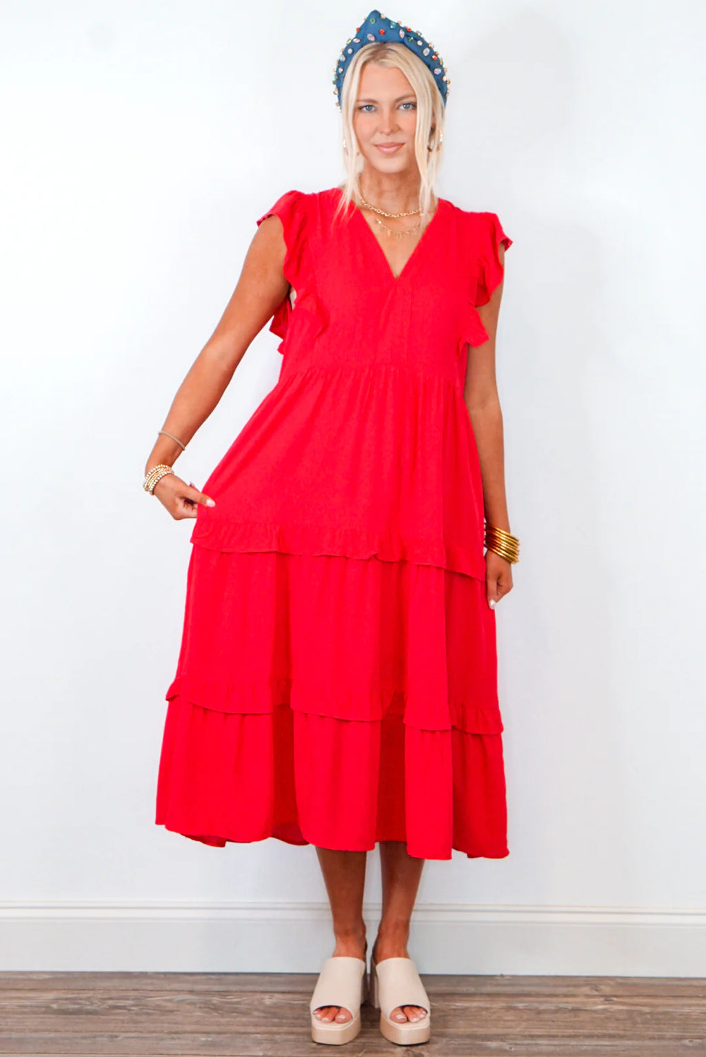 Red tiered midi dress for vacation