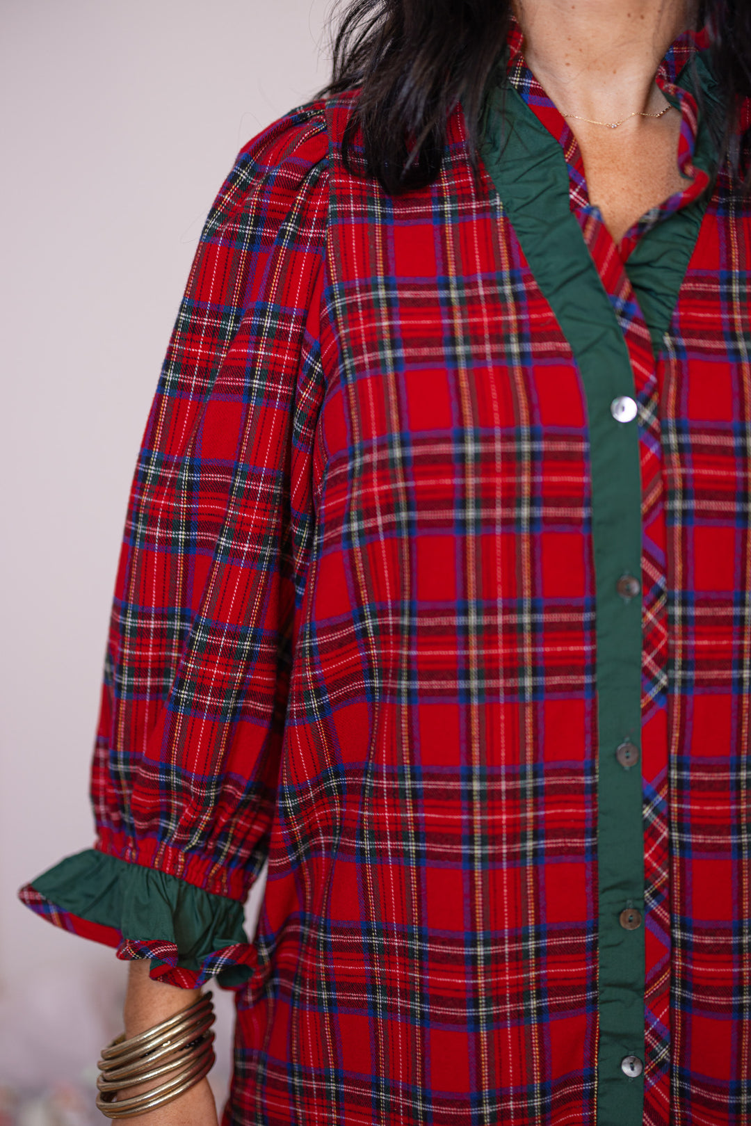 Women's Red And Green Plaid Flannel Short Dress With Ruffles Purple Door Boutique Women's Red And Green Plaid Flannel Short Dress With Ruffles Purple Door Boutique