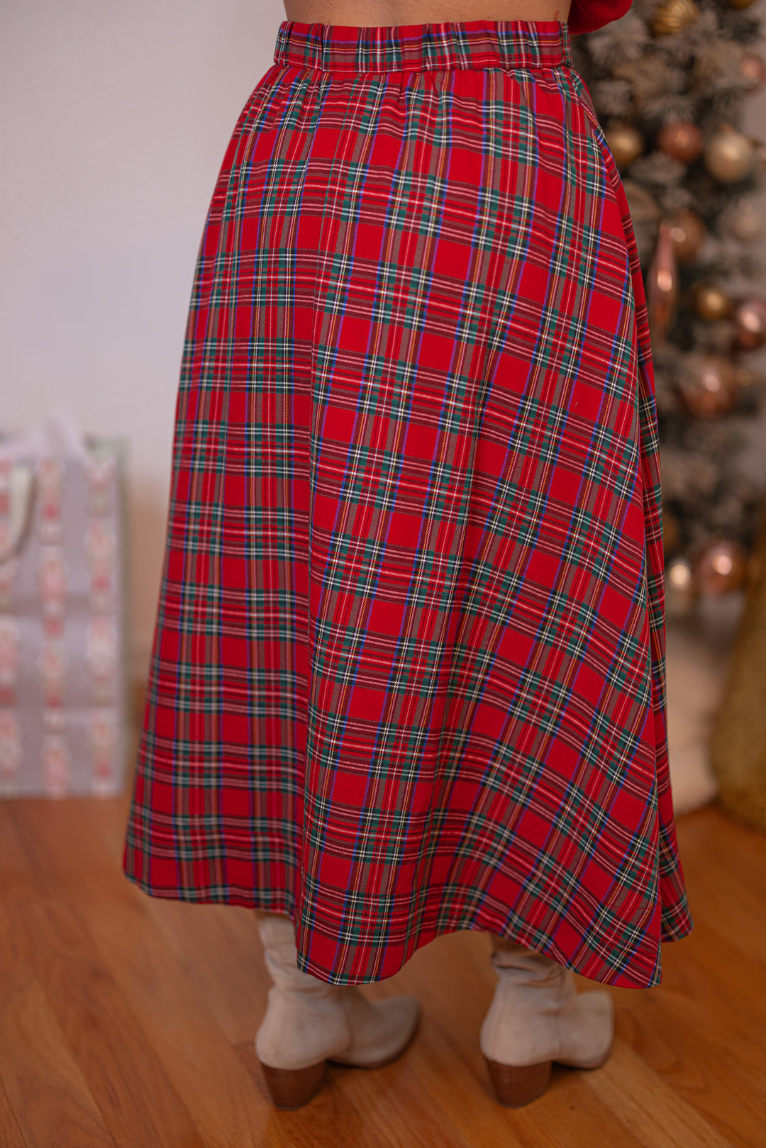 Women's red and green plaid midi skirt by Entro showing back view
