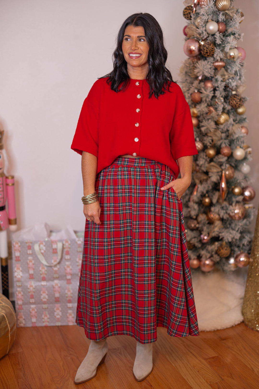 Women's red and green plaid midi skirt by Entro showing full front view