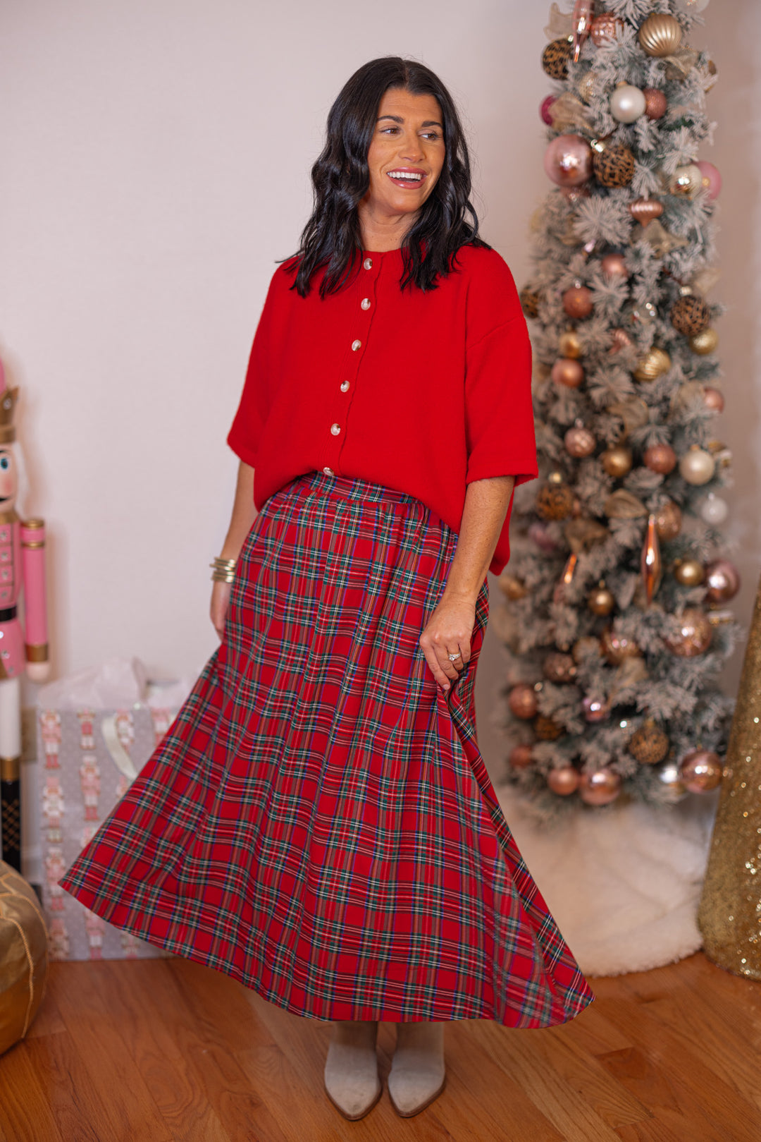 entro red plaid dress Plaid V-Neck Ruffle Detail Dress | S