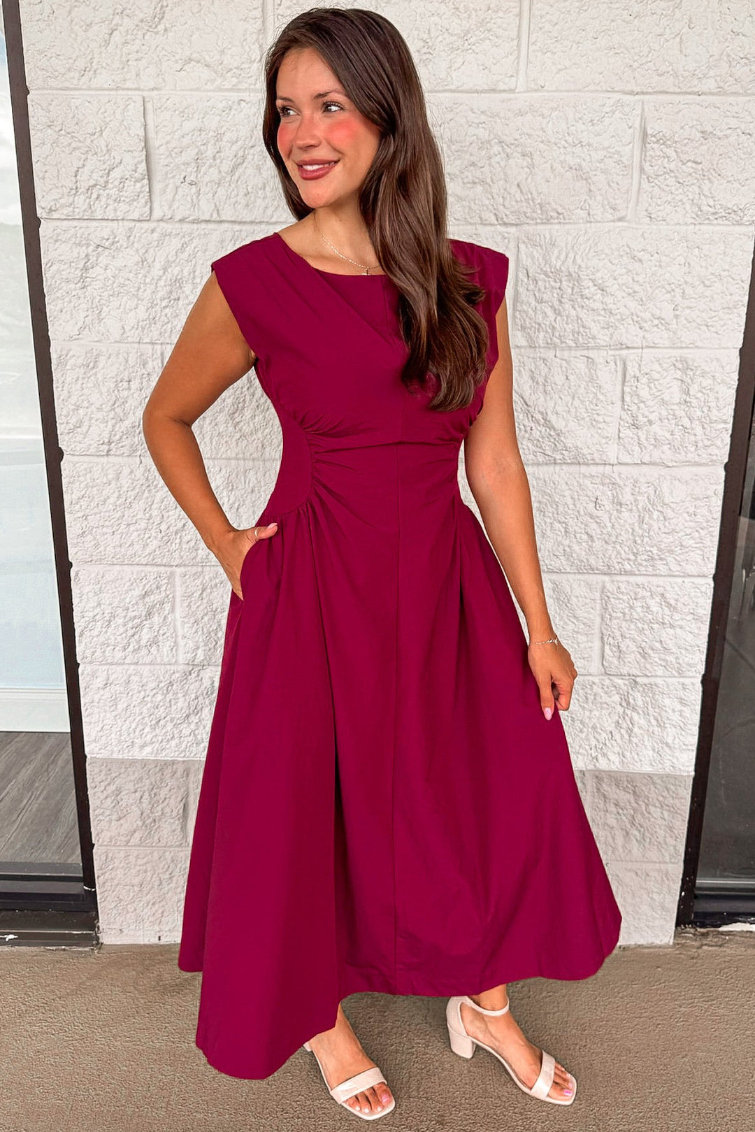 solid wine red cinched waist sleeveless midi dress with side pockets