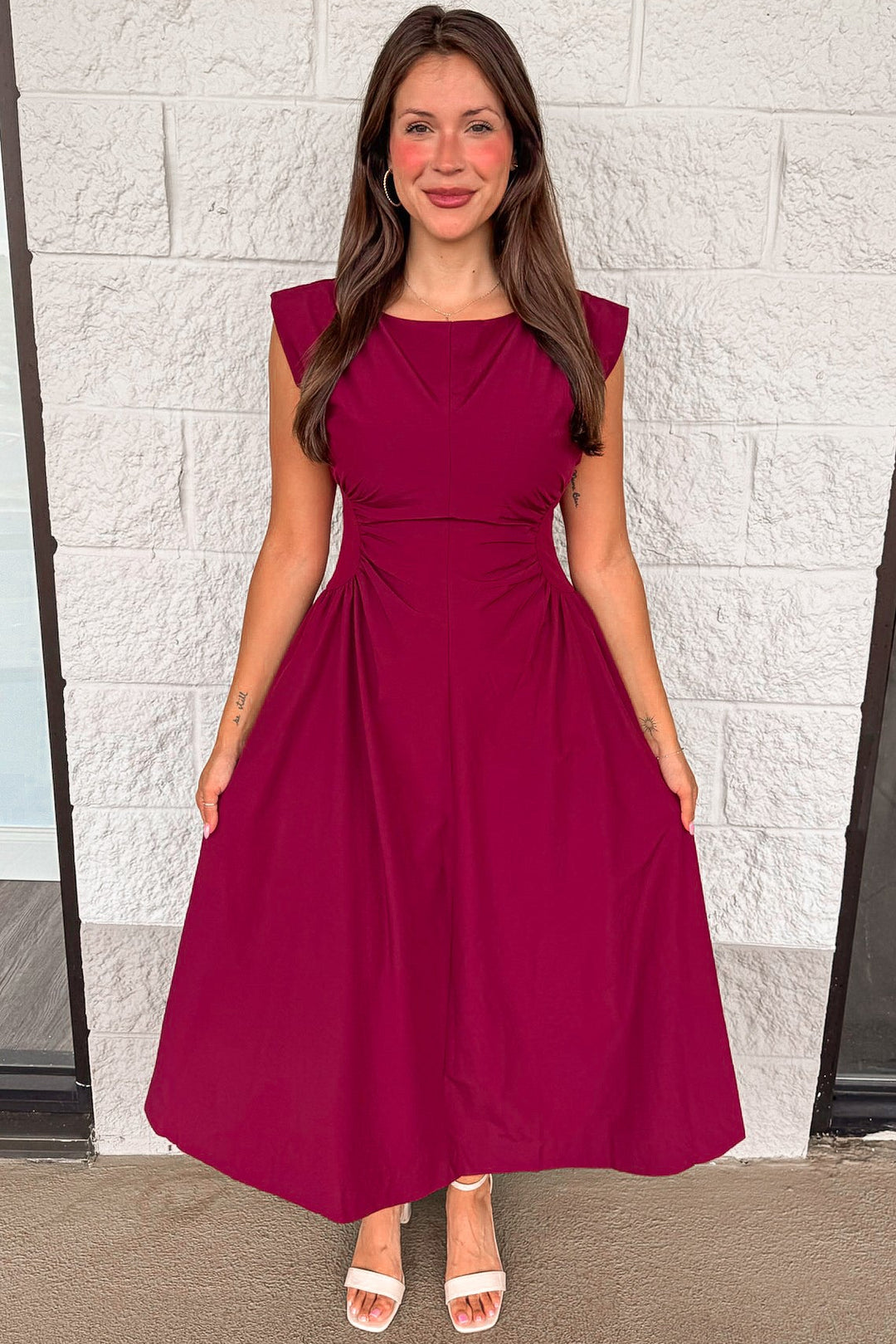 solid wine red cinched waist sleeveless midi dress