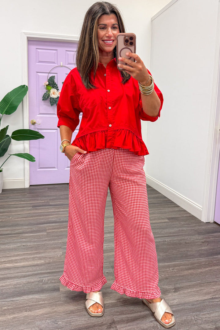 red and cream gingham checkered print ruffle hem textured wide leg pants