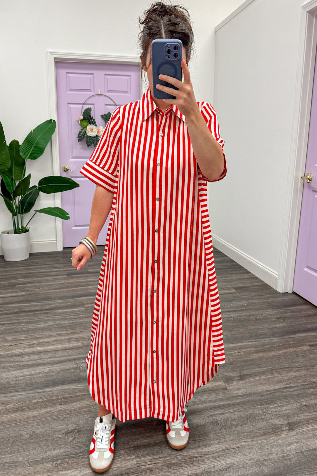 striped button down midi dress Virginia- Black Stripe 3/4 Puff Sleeve Shirt Style Button Down Midi Dress SMALL