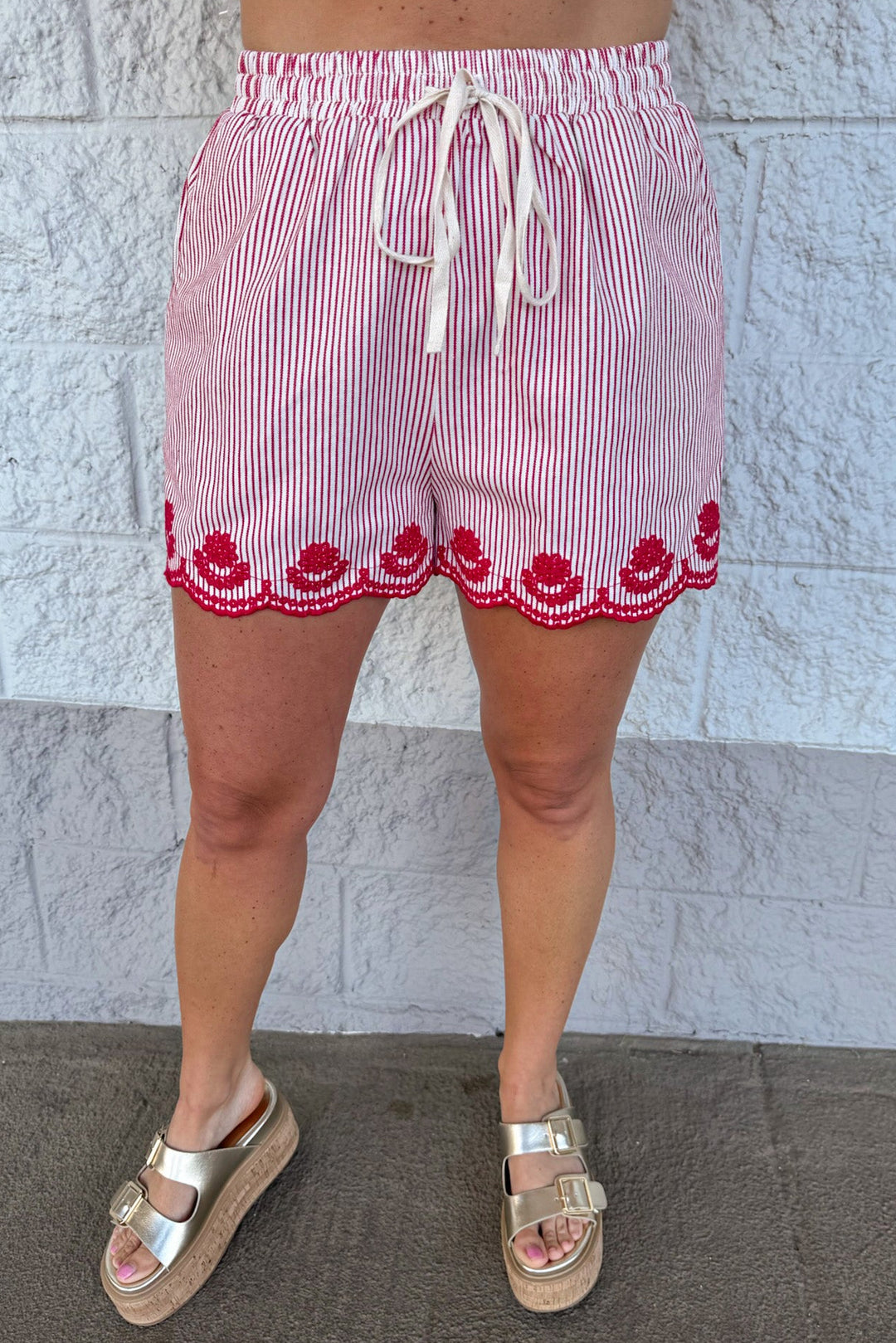 red and cream striped floral embroidery scallop hem elastic waistband shorts