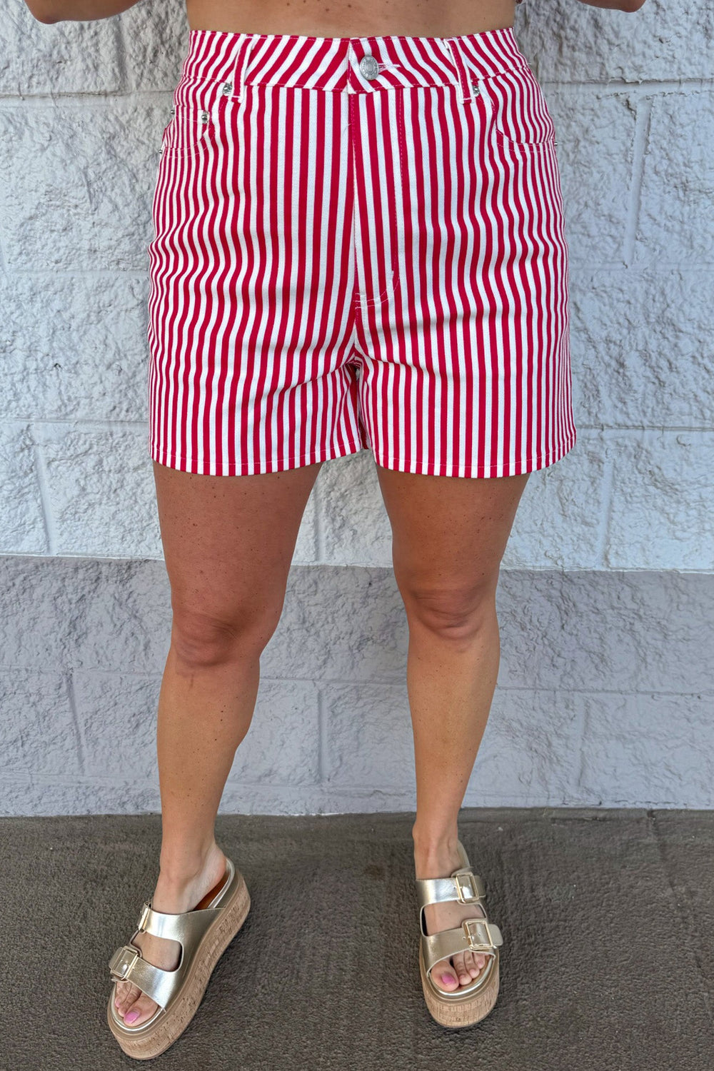 red and cream vertical striped print high waisted twill shorts