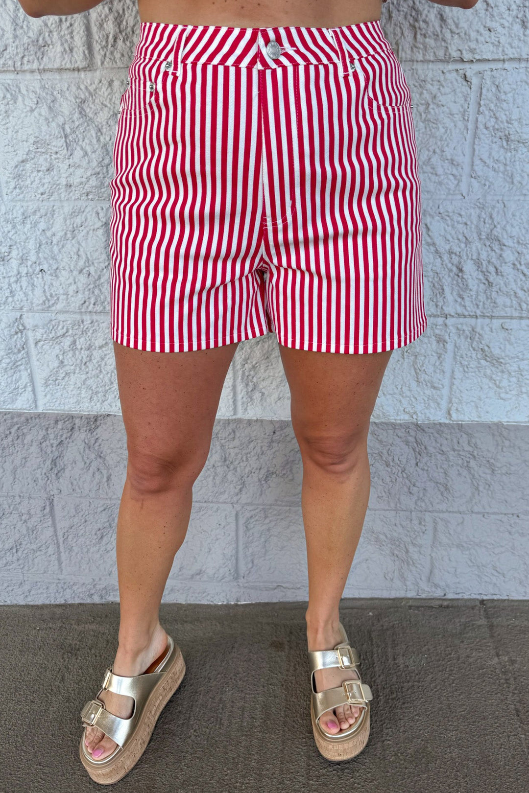 red and cream vertical striped print high waisted twill shorts