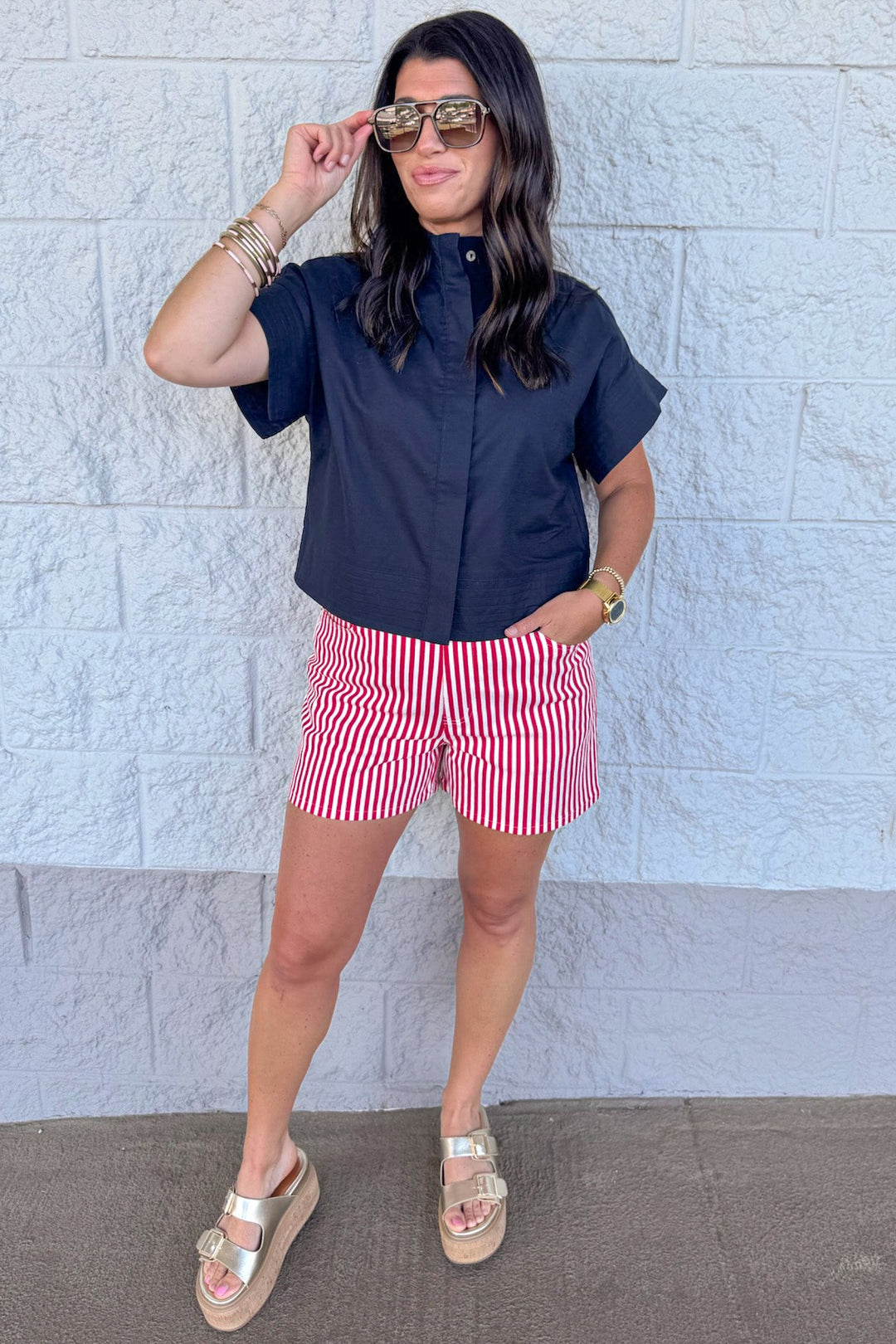 red and cream vertical striped print twill shorts