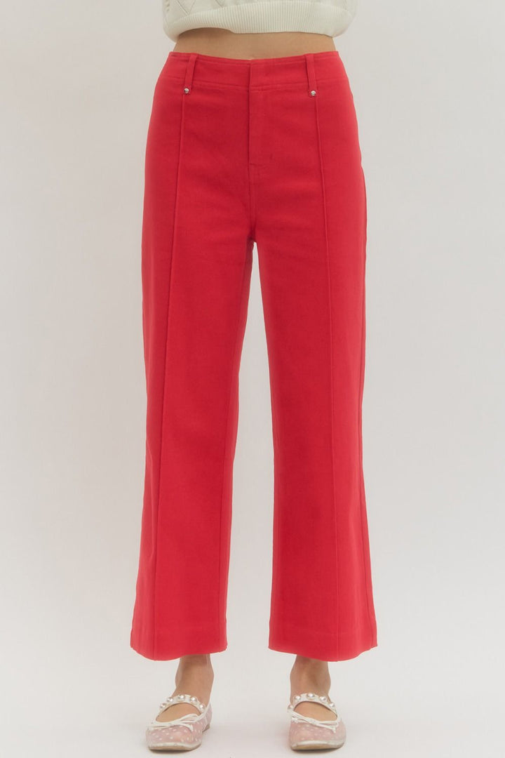 red wide leg denim high rise pants