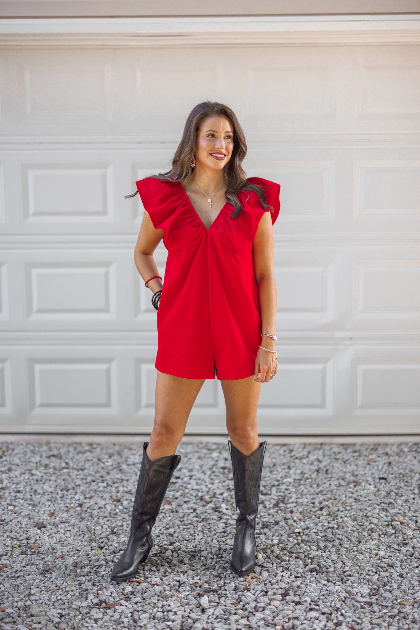 Red Denim Ruffle Puff Sleeve Romper | Purple Door Boutique | Commerce
