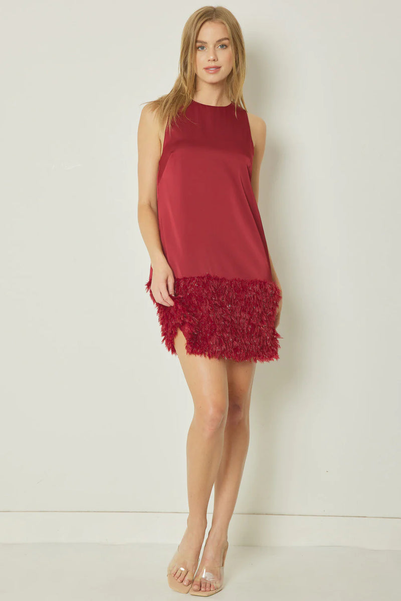 holiday party red feather fringe dress