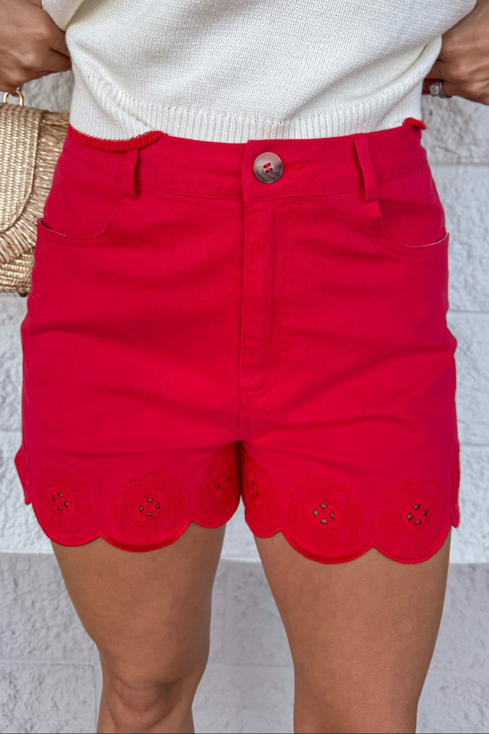 solid red floral embroidered scallop hem five pocket style twill shorts
