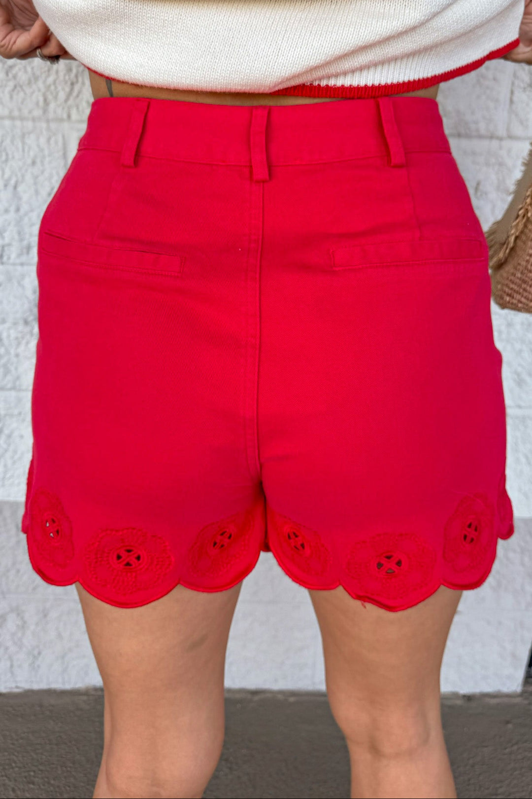 solid red floral eyelet embroidered scallop hem twill shorts with belt loops