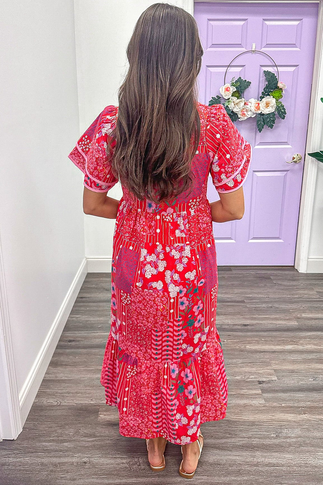 red floral patchwork print button down short sleeve midi dress