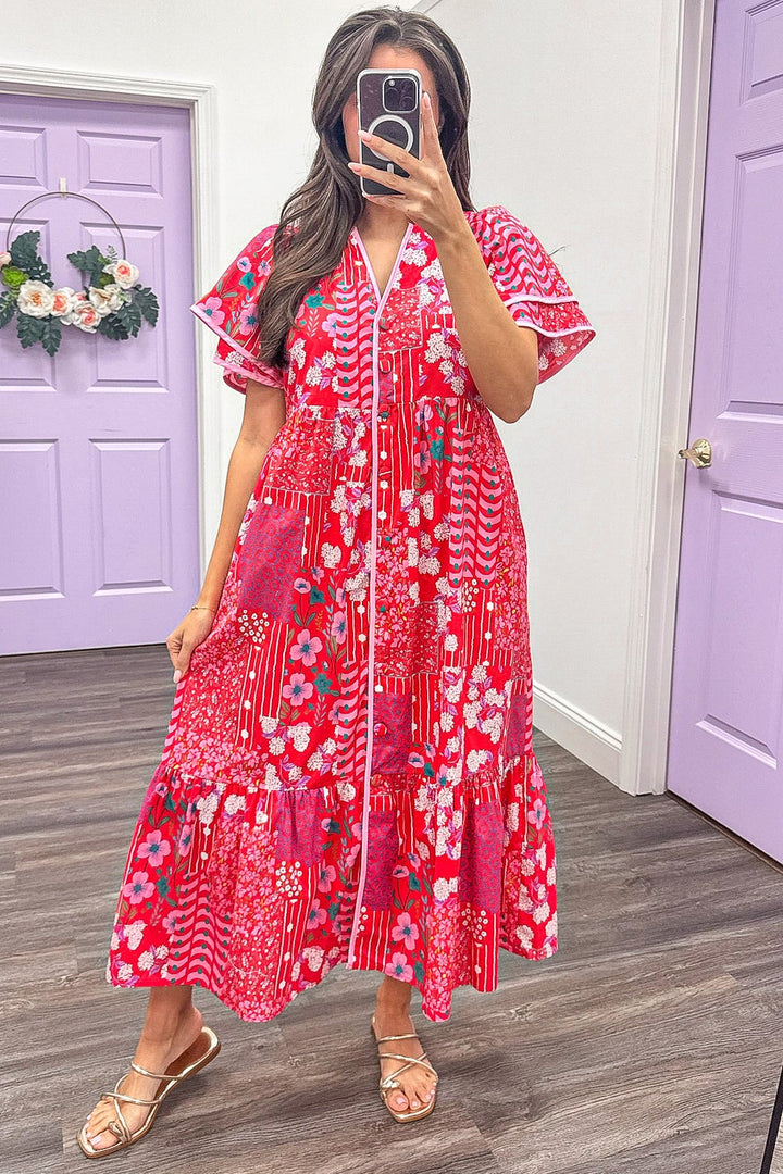 red floral patchwork print v neckline button down midi dress