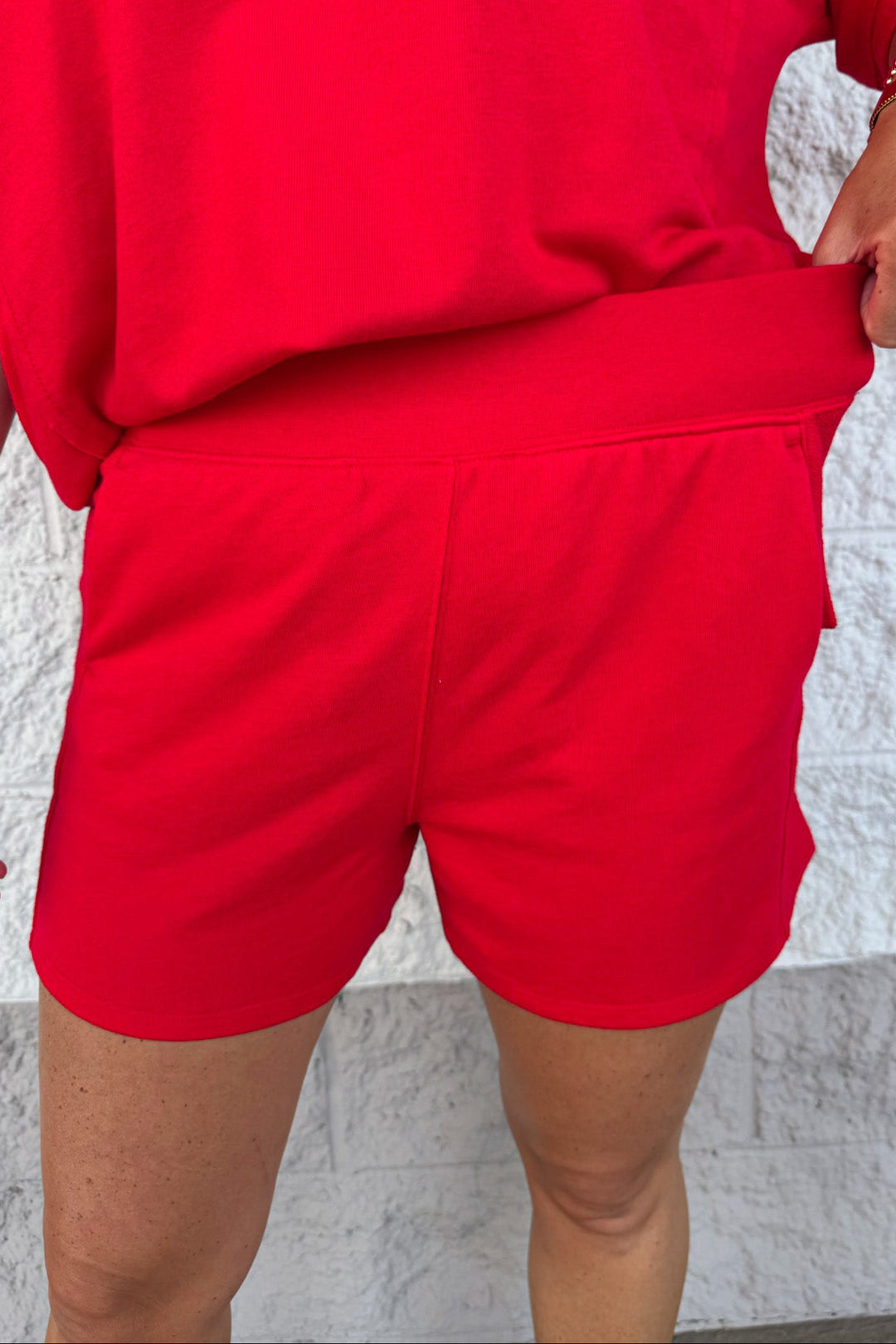 solid red french terry knit wide elastic waistband athleisure shorts