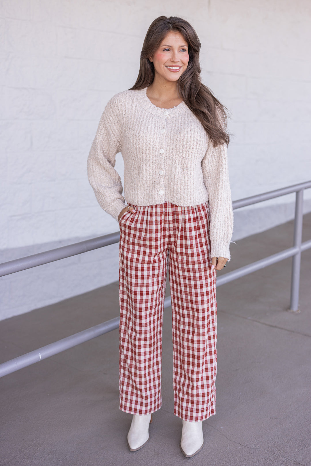 Women's rust and taupe plaid wide leg pants by Wishlist, perfect for the fall season
