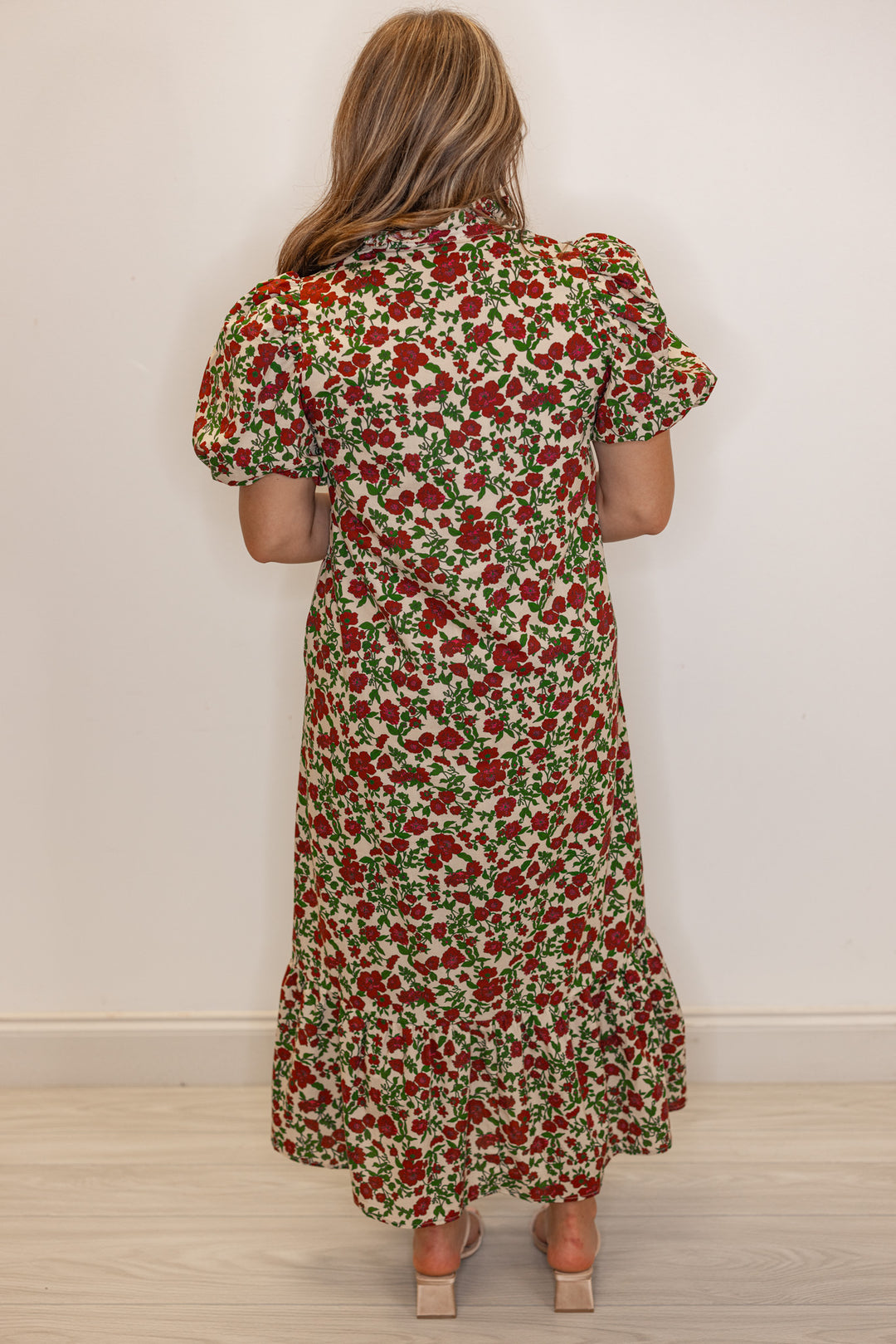 Women's ecru midi dress with burgundy, pink and green floral print by Entro showing full back view