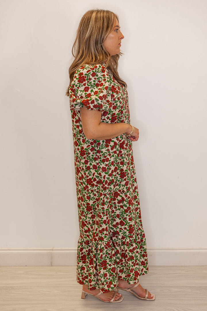 Women's ecru midi dress with burgundy, pink and green floral print by Entro showing full side view