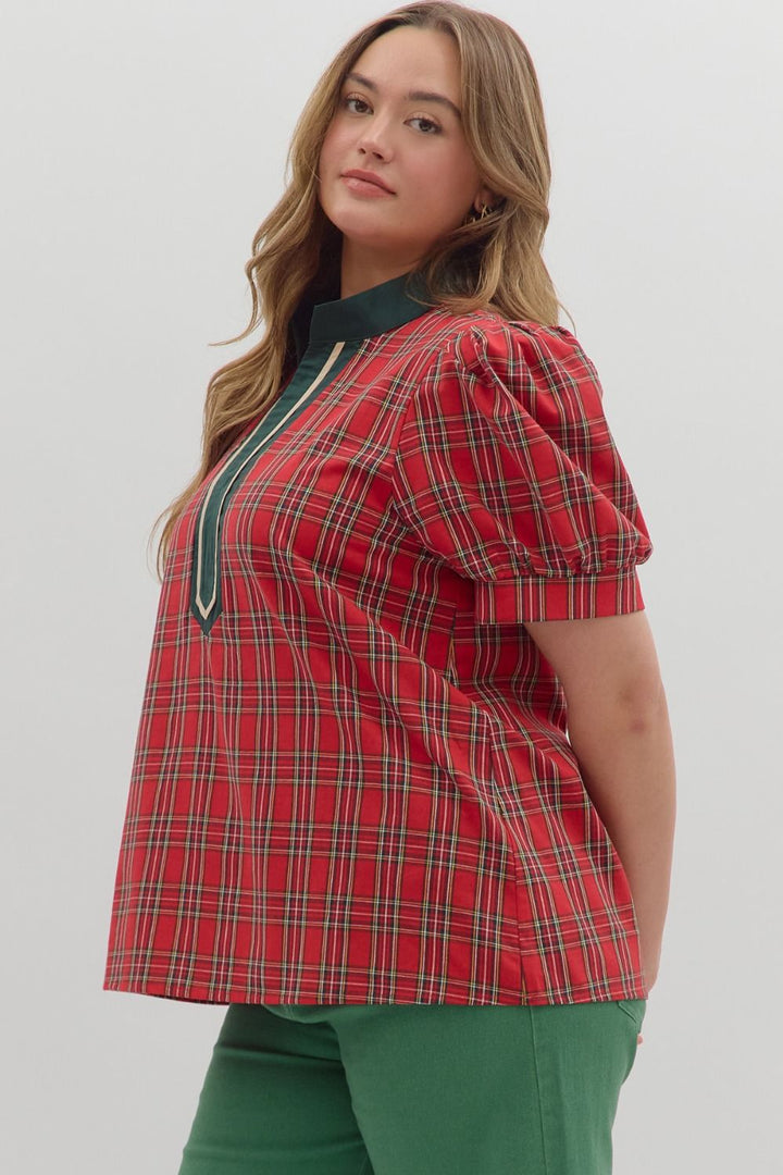 Women's red and green plaid top with green and cream trimmed v neckline by Entro in plus showing full side view
