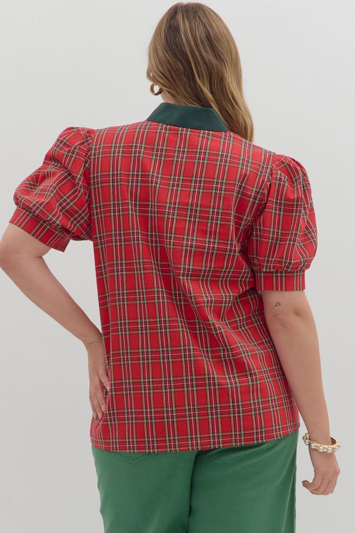 Women's red and green plaid top with green and cream trimmed v neckline by Entro in plus showing back view
