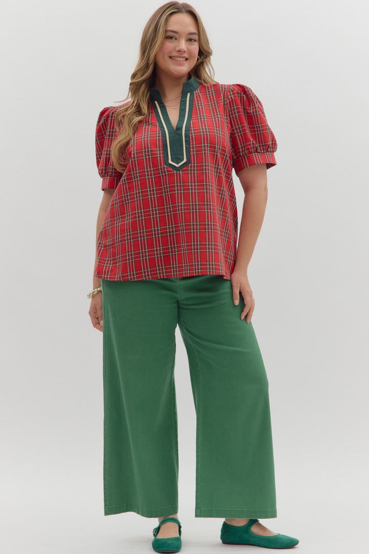 Women's red and green plaid top with green and cream trimmed v neckline by Entro in plus showing full front view