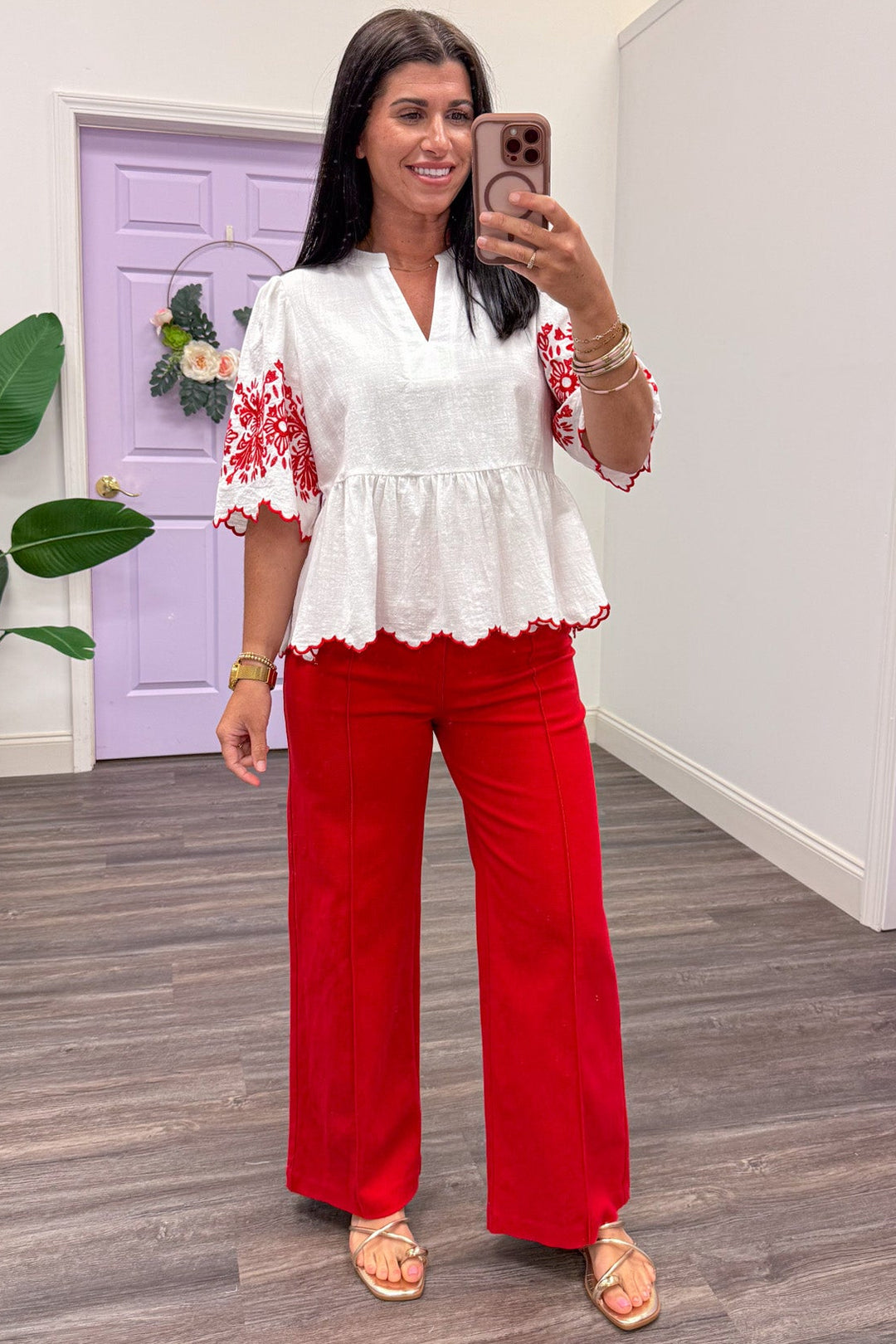 red high rise wide leg denim pants with pintuck seam detail