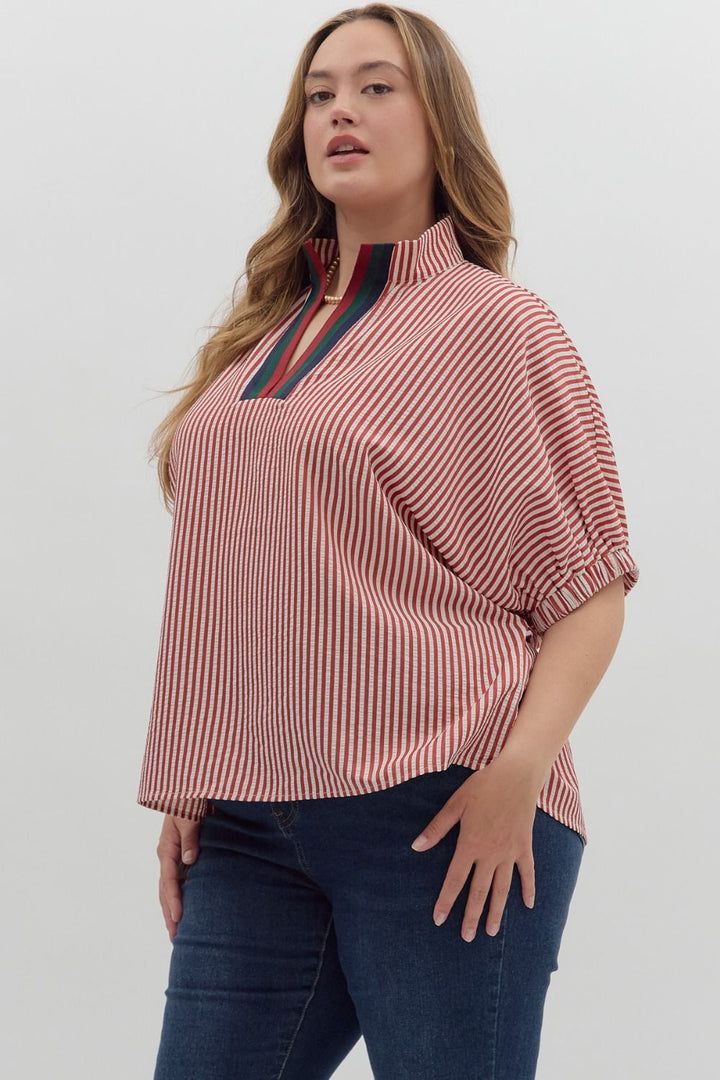Women's brick red and ivory striped dolman top by Entro in plus showing slight side view