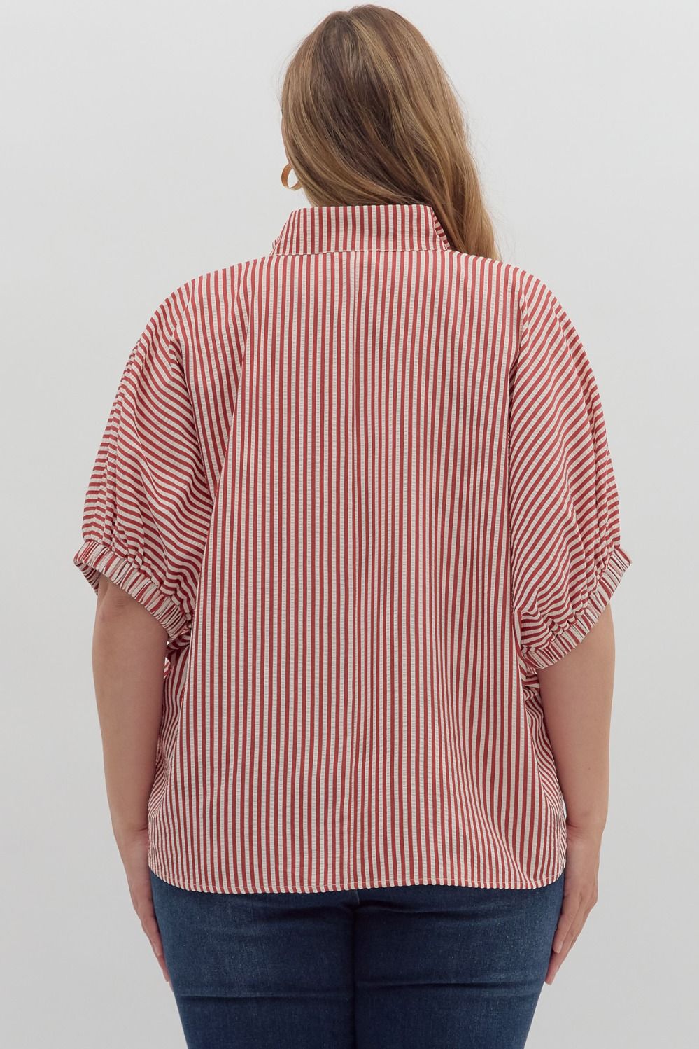 Women's brick red and ivory striped dolman top by Entro in plus showing back view