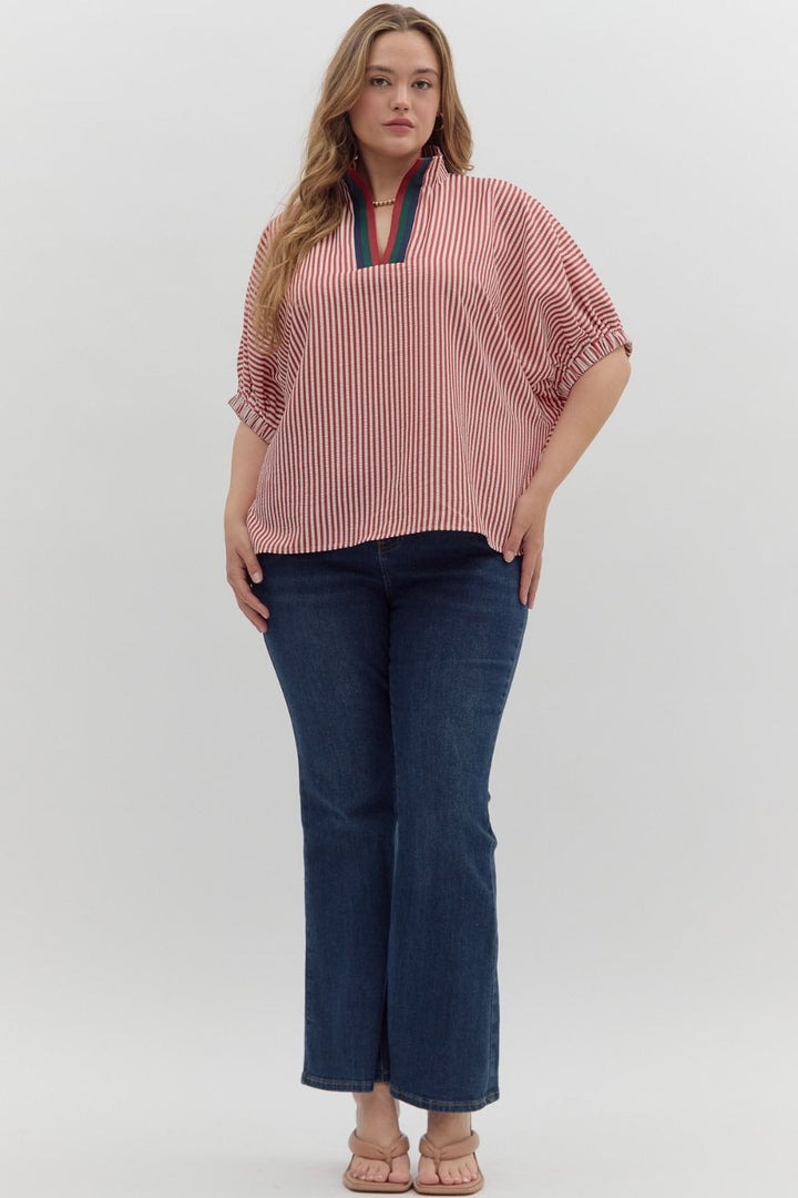 Women's brick red and ivory striped dolman top by Entro in plus showing full front view