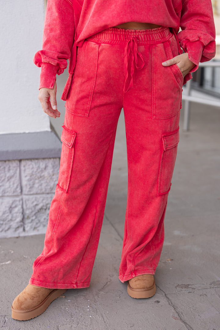 Women's washed red french terry knit wide leg cargo pants by ee:some