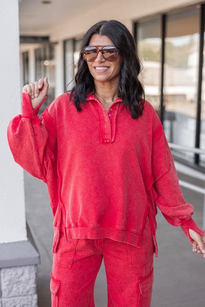 Women's washed red french terry knit pullover top with snap front bodice by ee:some