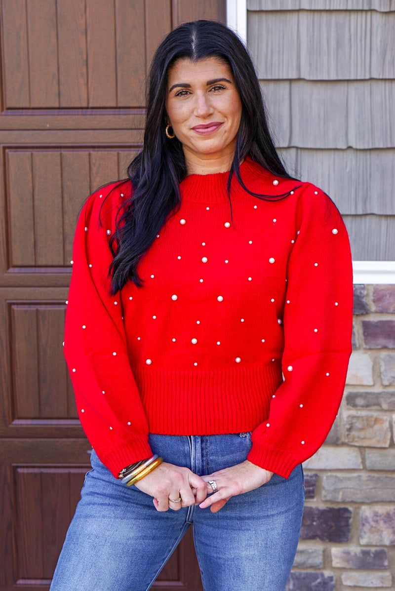red pearl detailed christmas sweater
