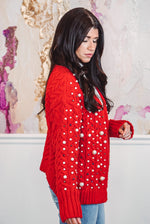 red pearl embellished sweater cardigan