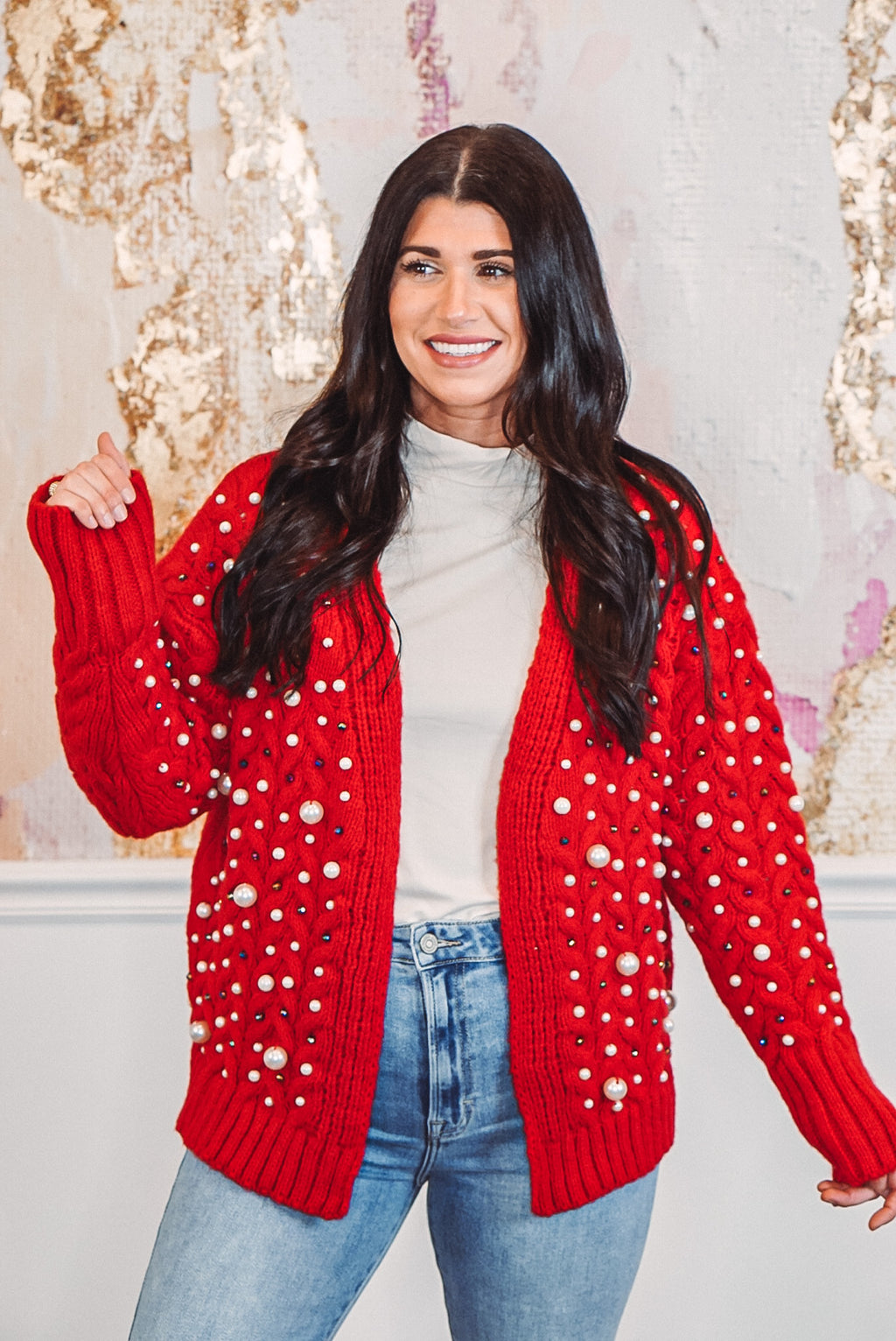red pearl embellished sweater cardigan