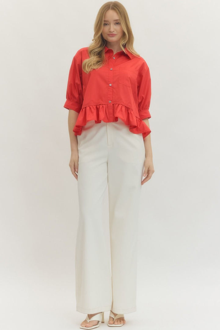 Women's button down red peplum top with ruffled hem by Entro full front view.