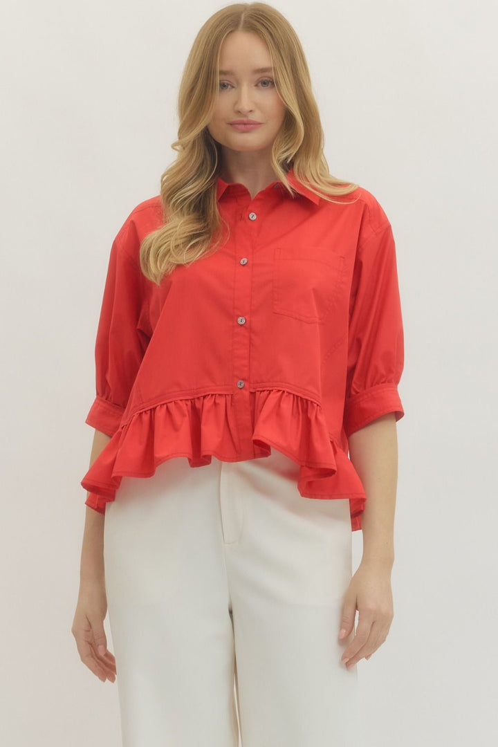 Women's semi-cropped button down red peplum top with ruffled hem by Entro