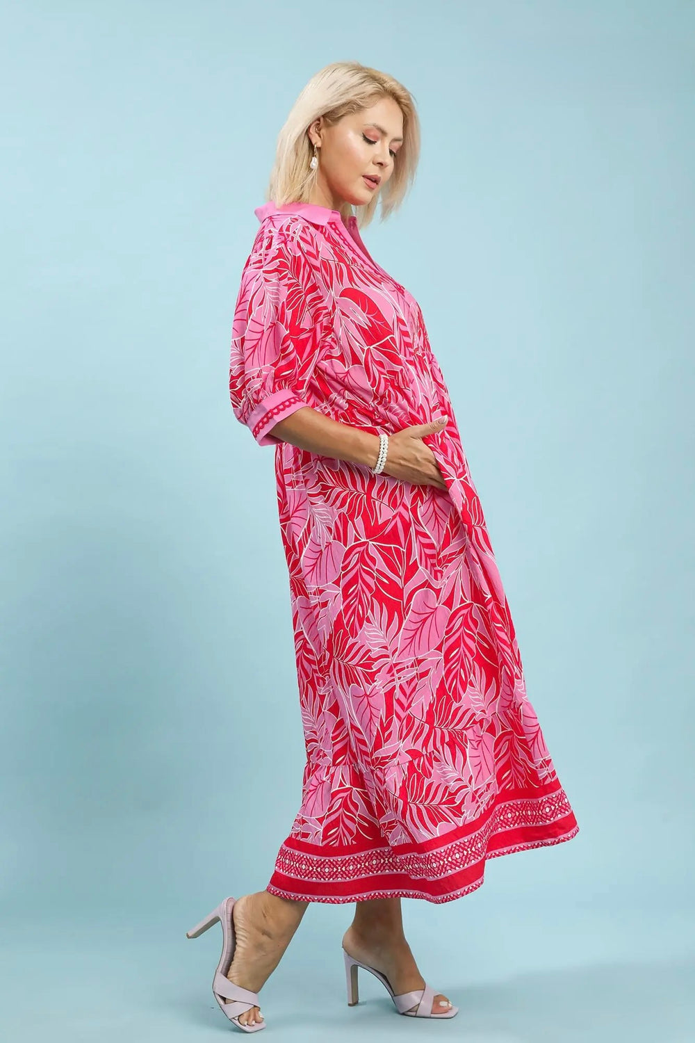 Umgee red and pink tropical palm print plus size midi dress with red embroidery trim and side pockets