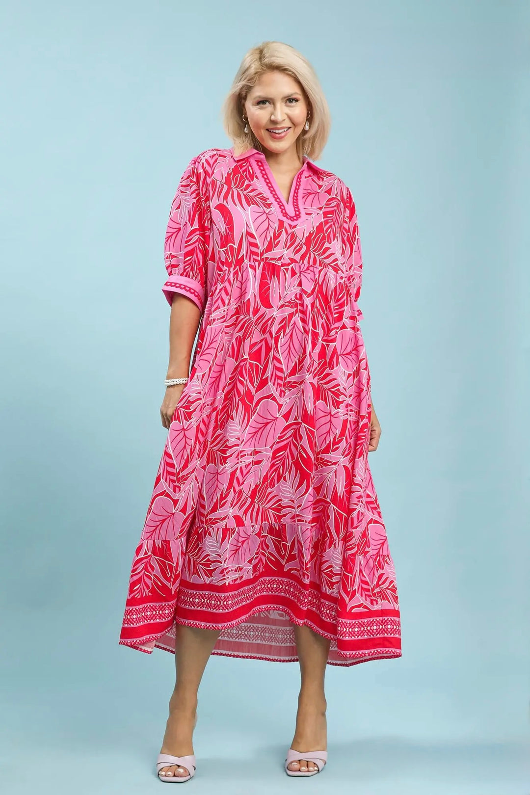 Umgee red and pink tropical palm print midi dress with red embroidery trim in plus size
