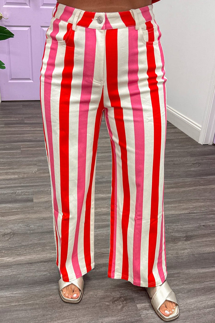 red pink and cream vertical striped twill denim cropped ankle wide leg pants with button fly closure