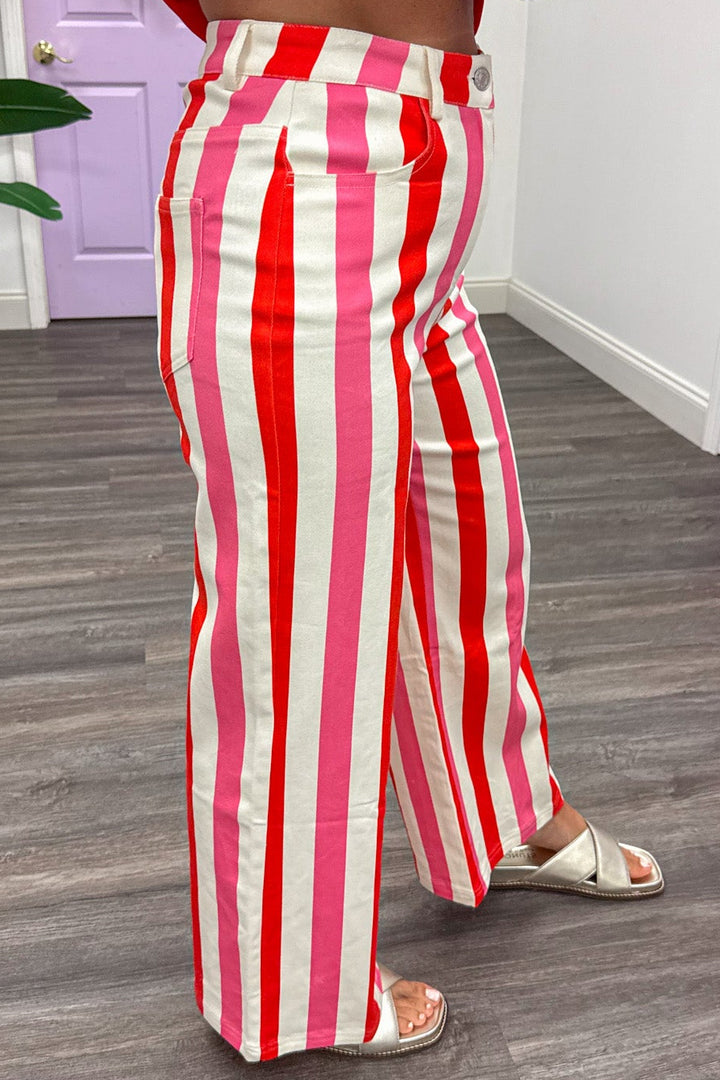 red pink and cream vertical striped twill denim cropped ankle wide leg pants with belt loops