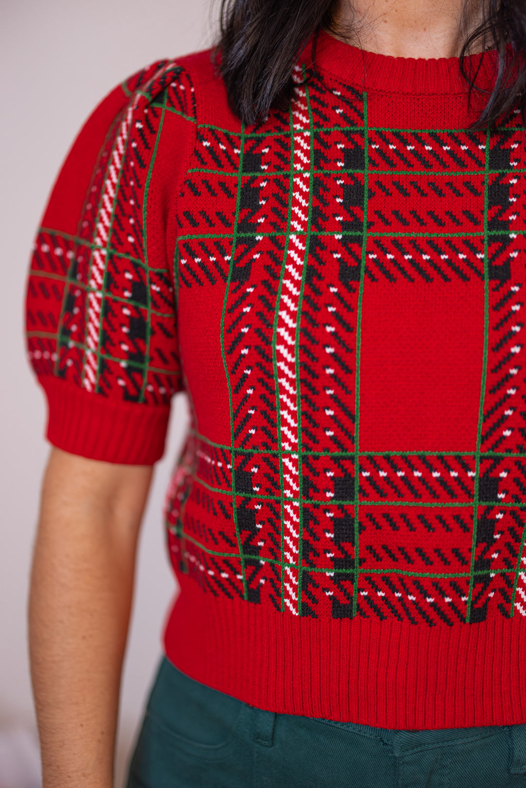 Checkered Cropped Plaid Red Sweater by Day + Moon showing up close bodice view