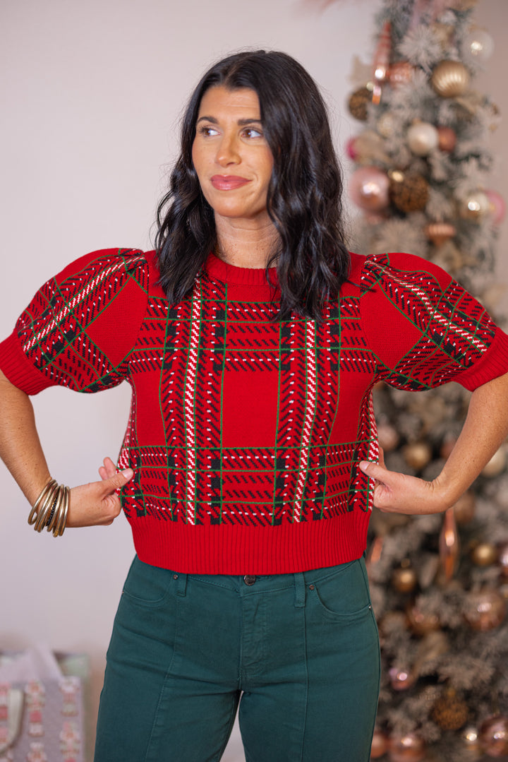 Checkered Cropped Plaid Red Sweater by Day + Moon showing cropped fit