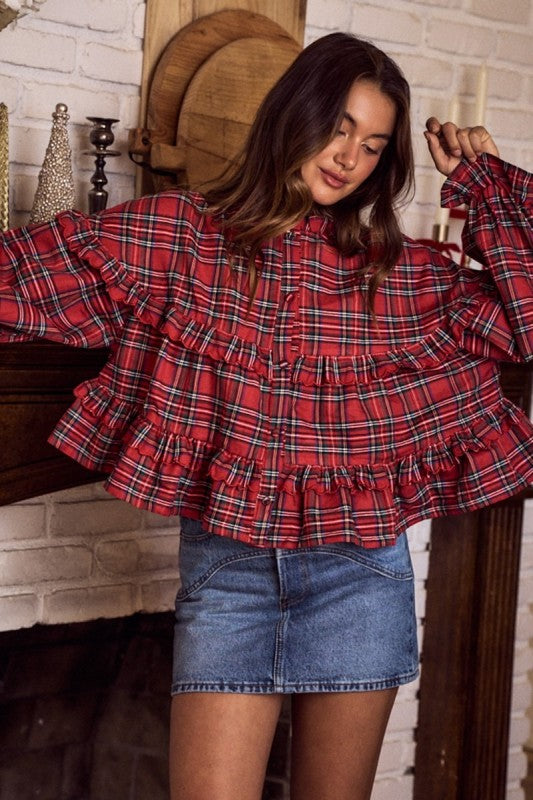 Women's red and green plaid button front top with ruffle trim by So Me showing the relaxed fit