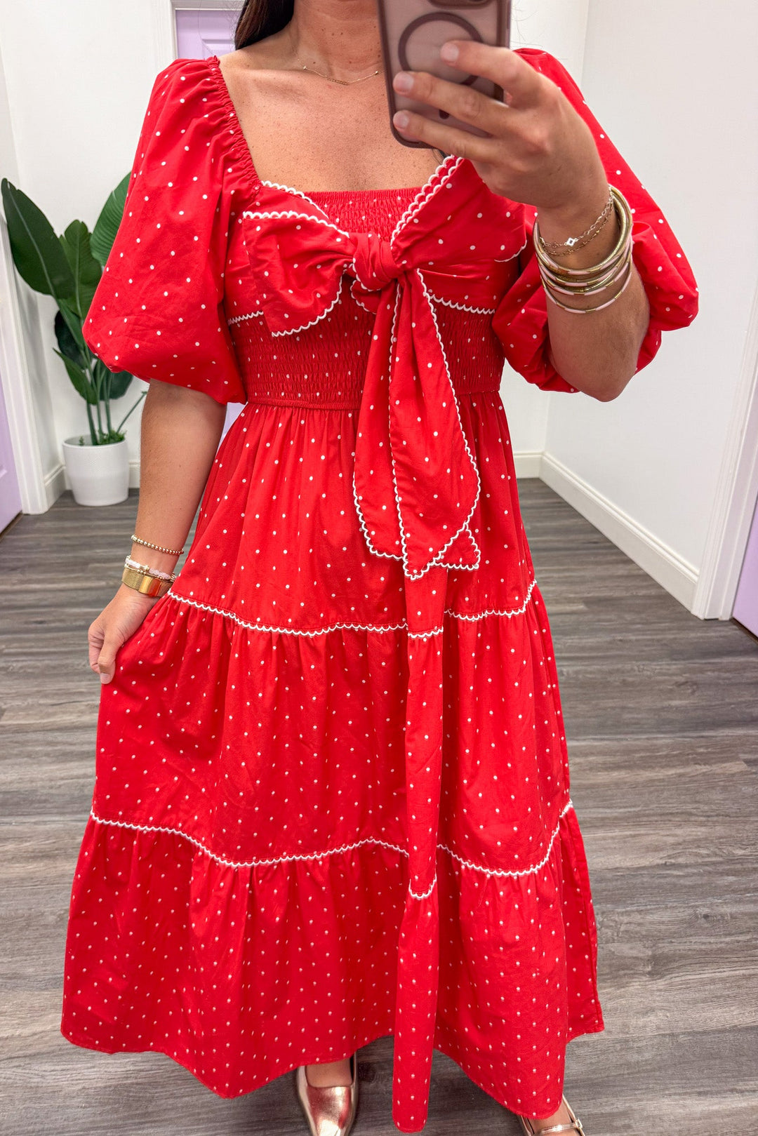 red with white polka dots square neckline bow bodice midi dress