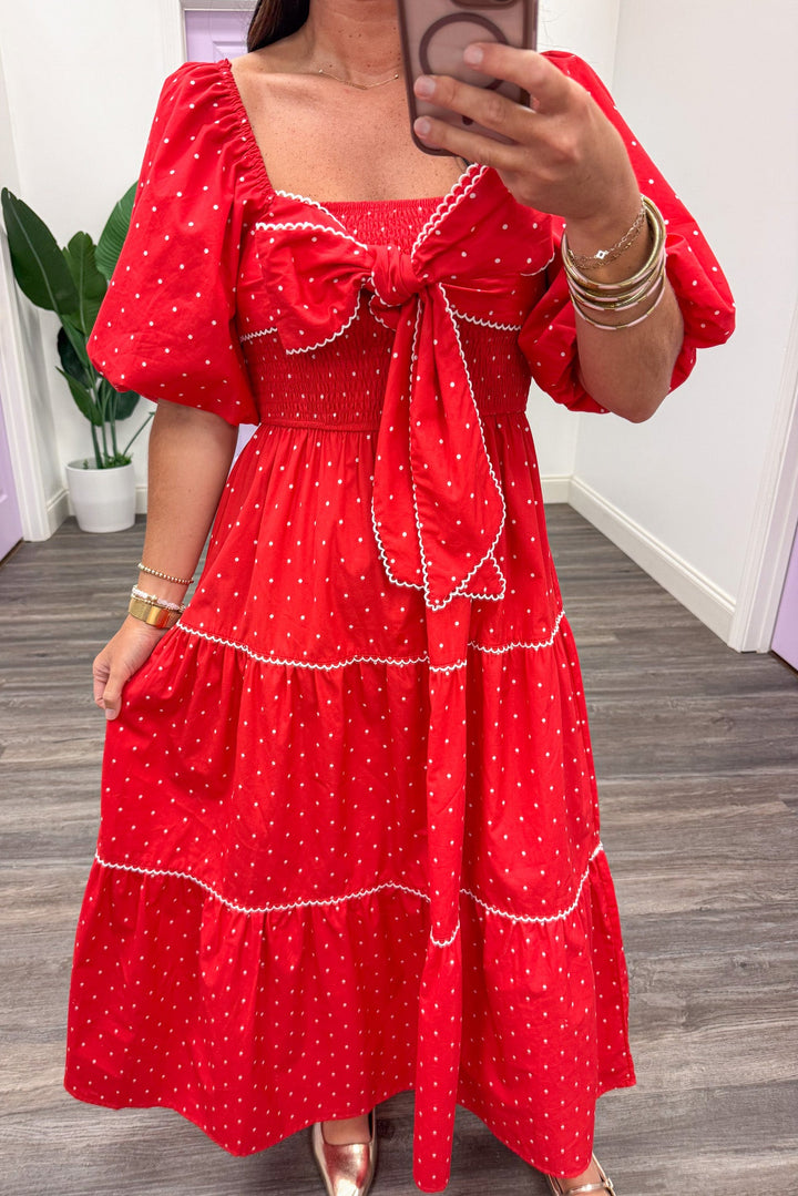 red with white polka dots square neckline bow bodice midi dress